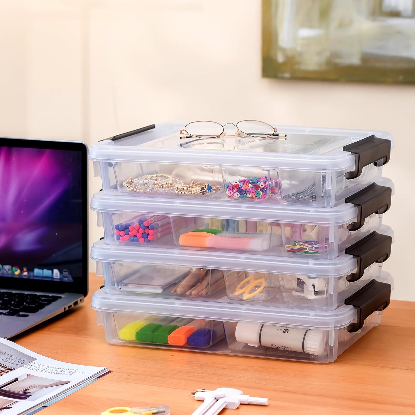 Citylife 4PCS Plastic Storage Bins with Organizer Tray, Stackable Clear File Box, Versatile Craft Storage for Office, Kitchen, Bathroom and School Supplies, 24-pack