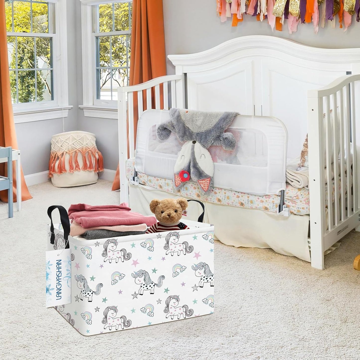 LANGYASHAN Rectangular Storage Bin Collapse Canvas Fabric Cartoon Storage Basket with Handles for Organizing Home Kitchen Boys and Girls Toys Office Closet Shelf Baskets (Rec Rainbow Unicorn)