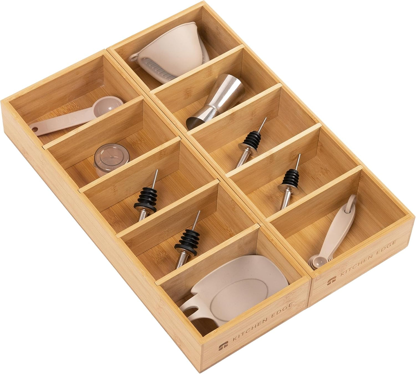 KitchenEdge Premium Kitchen Utensils and Junk Drawer Organizer – Small 5-Compartment Design with 4 Removable Dividers, Non-Slip Feet, 100% Sustainable Bamboo, 2 Pack