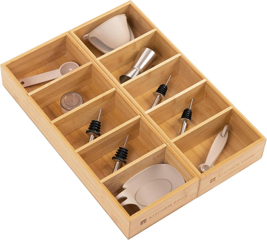 KitchenEdge Premium Kitchen Utensils and Junk Drawer Organizer – Small 5-Compartment Design with 4 Removable Dividers, Non-Slip Feet, 100% Sustainable Bamboo, 2 Pack