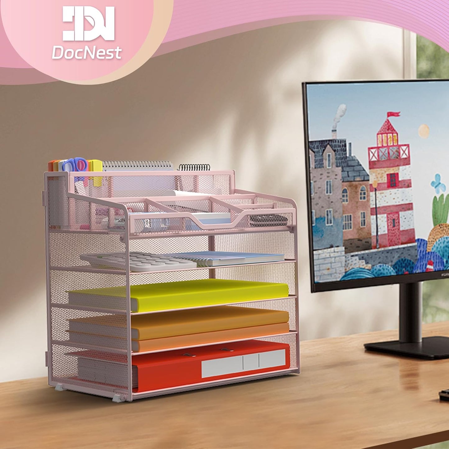 Docnest 5 Tier Mesh Desk Organizer for Paper Office Supplies – Multi-Functional Letter Tray with 5 Adjustable Compartments, 3 Pen Holders, Desktop Storage for Files, Mail, Stationery – Pink