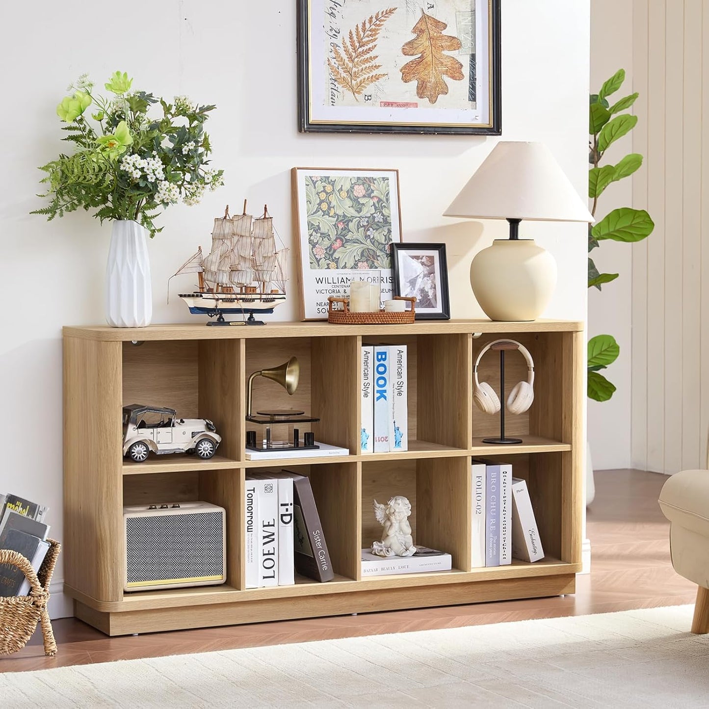 8 Cube Storage Book Shelf, 52" Long Horizontal Bookshelf with Curved Edge, Floor Standing Wooden Cubby Bookcase with Base, Modern Low Console Book Case, TV Stand for Living Room, Natural Oak