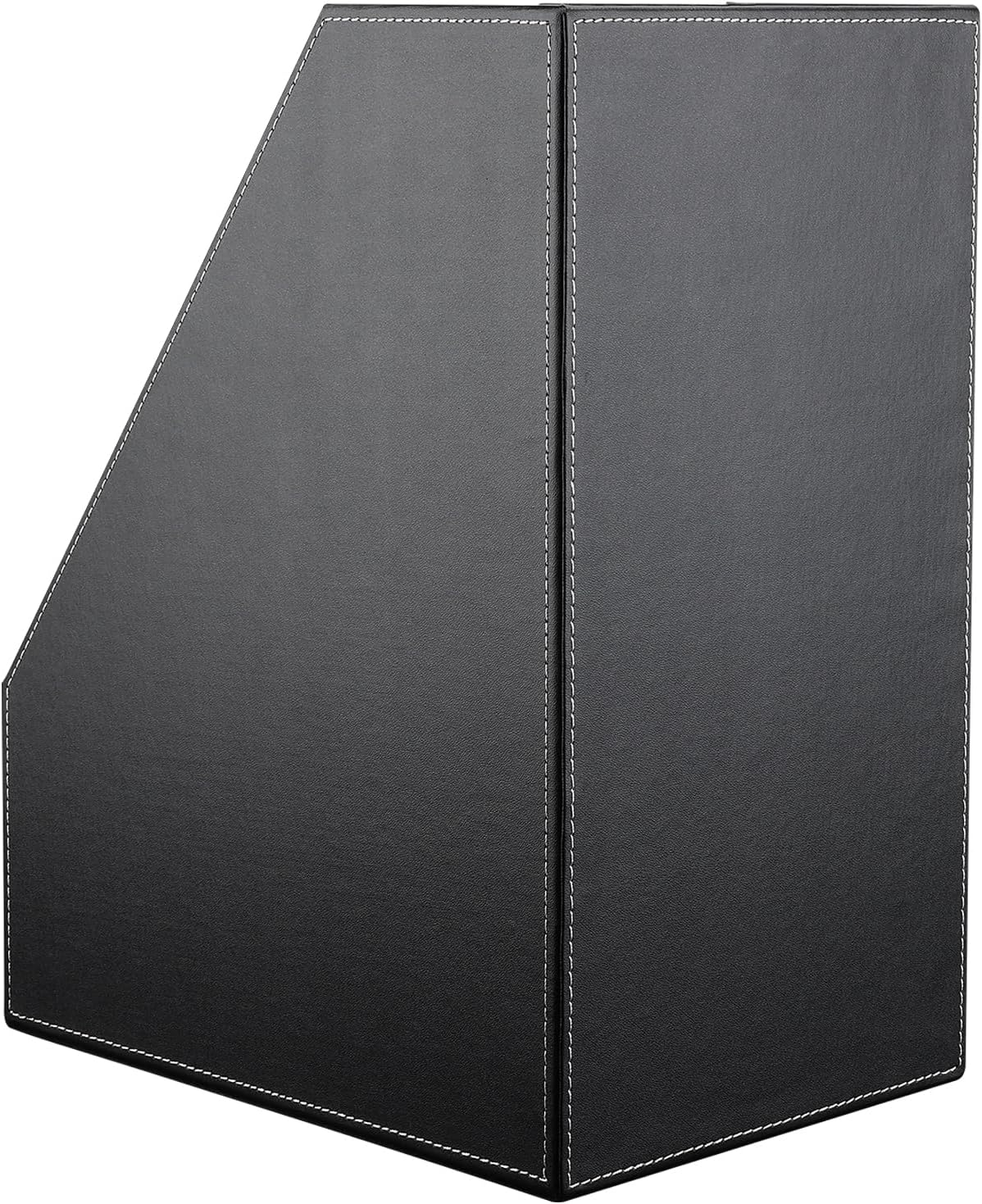 KINGFOM Wooden Leatherette Desktop File Folder Organizer and Document File Stand Journals Magazine Rack 2 Slots (black)