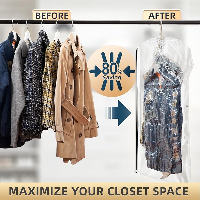 TAILI Hanging Vacuum Storage Sealer Bags Space Saver Bag for Clothing, Suits and Jackets, Closet Organizers, Travel, Set of 4 (2 Long, 2 Short), Clear