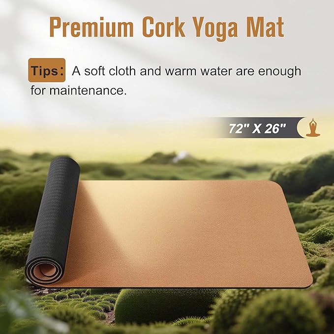 Premium Cork Yoga Mat 1/4 & 2/5 Inch Thick 72 x 26 in, Thick Cork and TPE Non Slip Yoga Mats for Women Men, Sweat Proof Eco-friendly, Great for Hot Yoga & Workouts