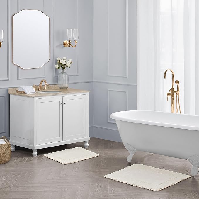 Laura Ashley Ruffle Border Ivory 17" x 24"/ 20" x 32" 100% Cotton Bath Rug Set