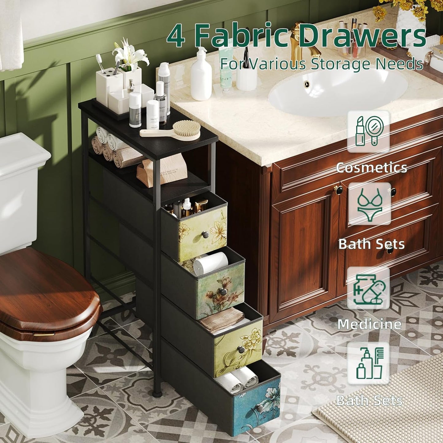 Narrow Dresser, Narrow Nightstand Dresser Storage Tower with 4 Drawers, Slim Fabric Dressers Chest of Drawers for Small Spaces, Retro Flower Dressers, for Bedroom Bathroom Laundry Closet (Black)