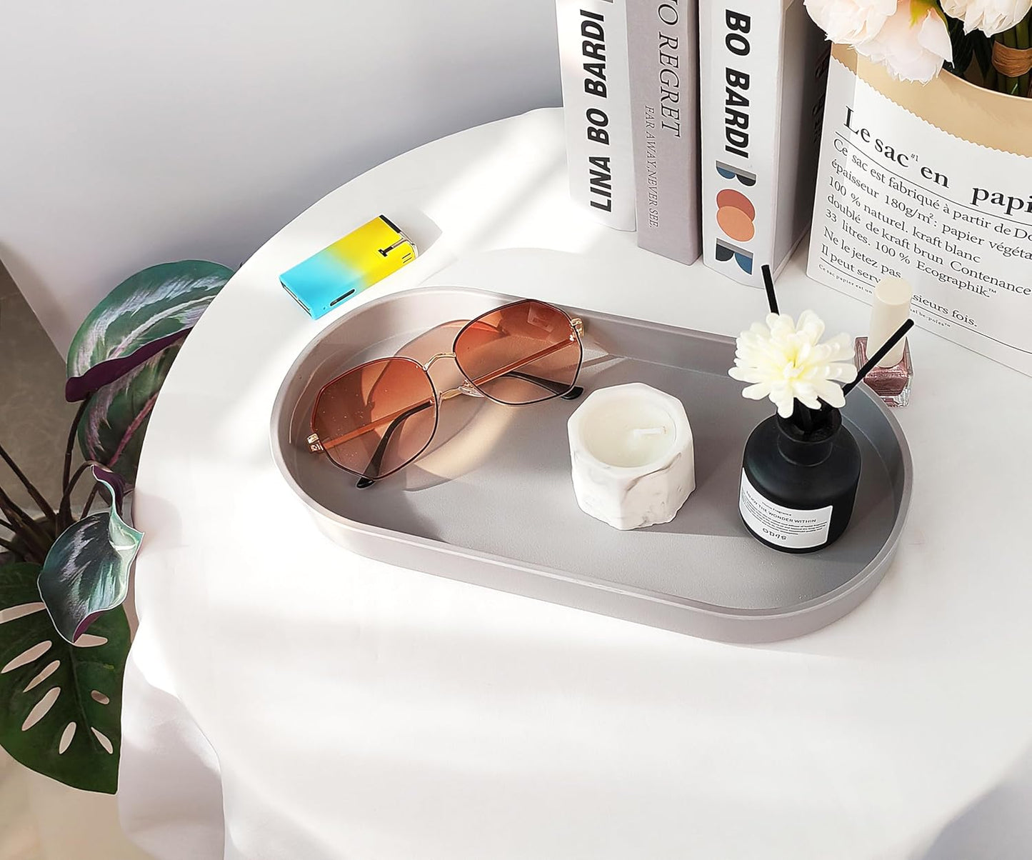 Gray Small Tray (11.8 inch), Oval Tray for Kitchen Counter, Bathtub Bathroom Vanity Items, Countertop Organizer, Coffee Accessory, Bar, Serving Seasoning, Salt and Pepper, Soap, Perfume.