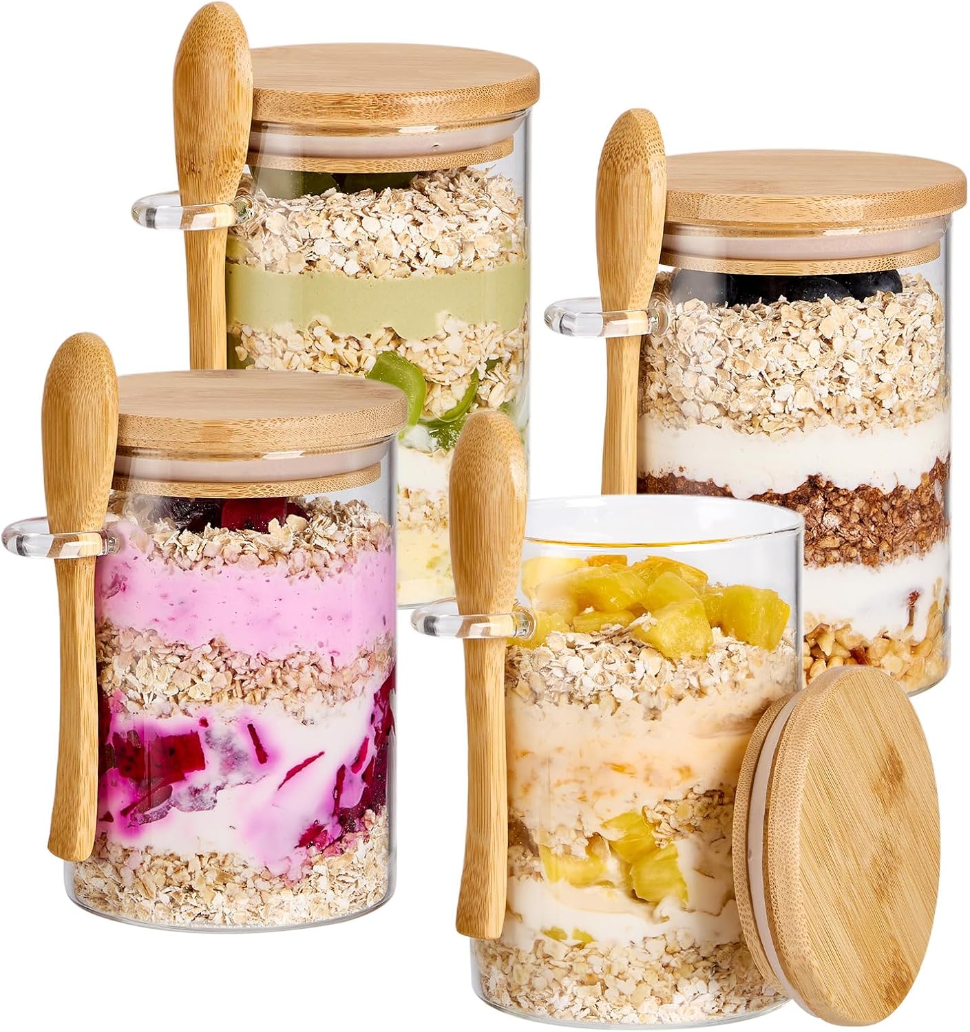 4 Pack Overnight Oats Containers with Bamboo Lids and Spoons - 22 oz Airtight Glass Jars with Lid, Meal Prep Jars for Chia Pudding, Yogurt, Salad, Cereal, Coffee, Flour | Food Storage Canister