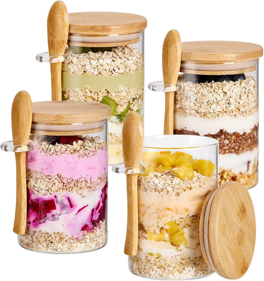 4 Pack Overnight Oats Containers with Bamboo Lids and Spoons - 22 oz Airtight Glass Jars with Lid, Meal Prep Jars for Chia Pudding, Yogurt, Salad, Cereal, Coffee, Flour | Food Storage Canister
