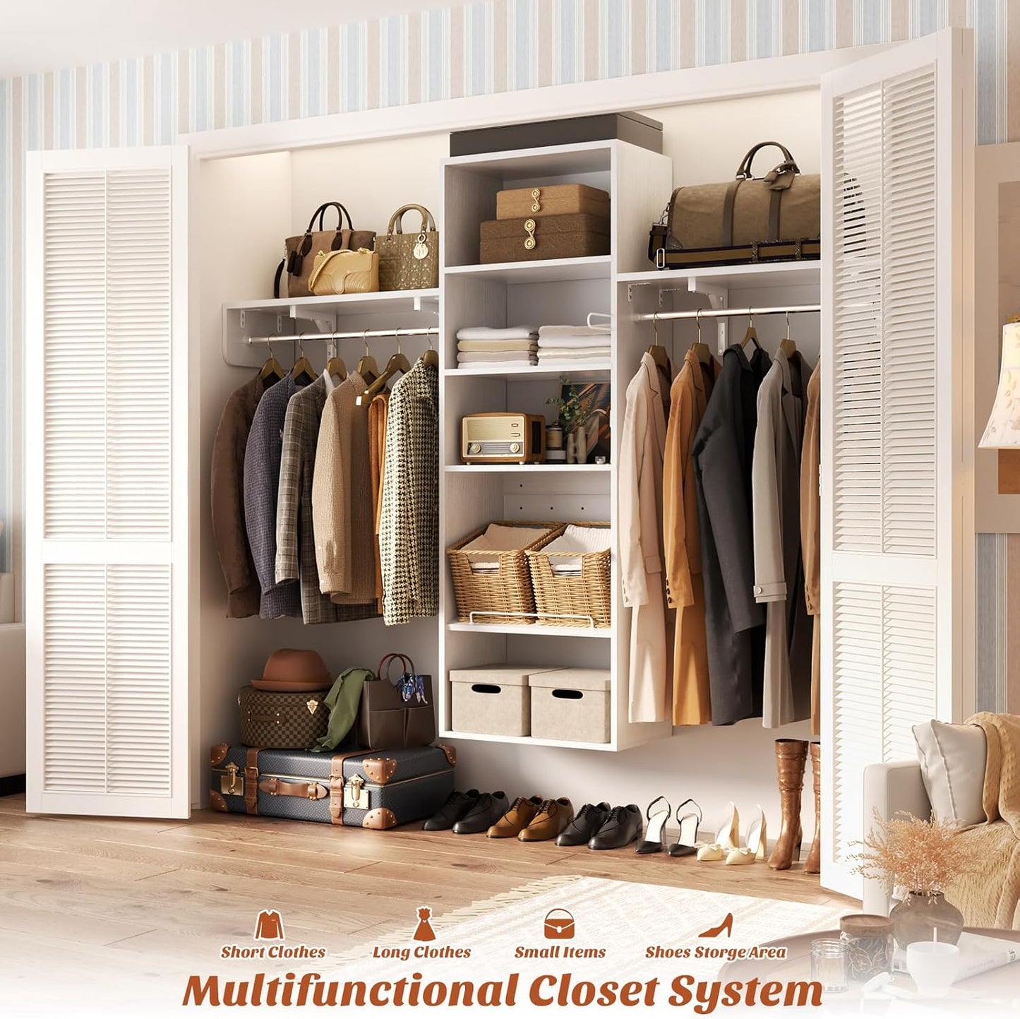 Unikito Over Washer and Dryer Storage Shelf, 8FT Wall Mounted Laundry Room Organizer, Space Saver Clothes Drying Rack with Hanger Rod, 6-Tier Heavy-Duty Closet System with Adjustable Shelves, White