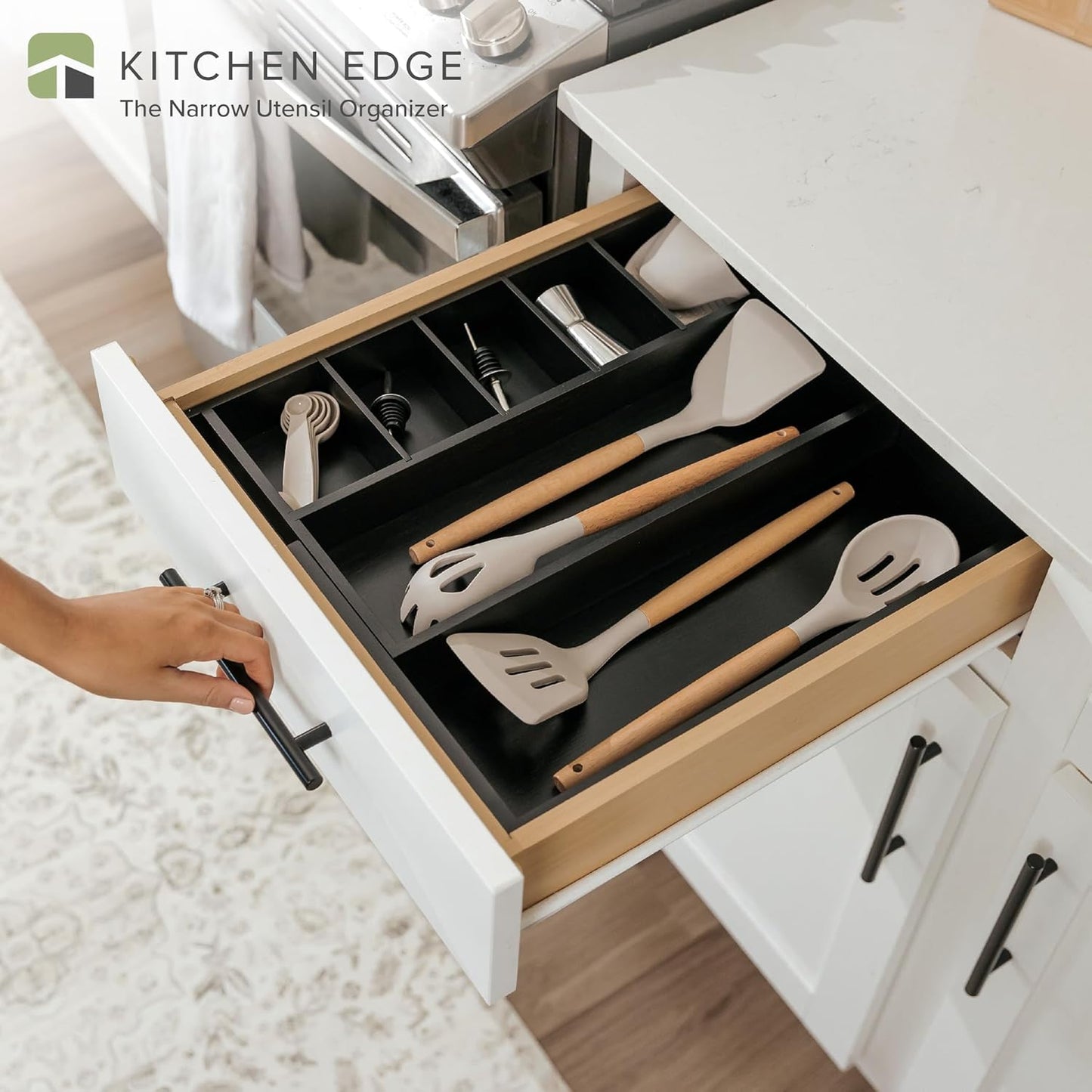 KitchenEdge Adjustable Kitchen Drawer Organizer for Utensils and Junk, Food-Safe Contract Grade with 100% Sustainable Wood, Expandable from 10.5 to 19 Inches Wide - Black Bamboo