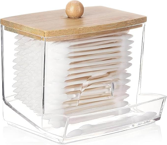 AXX Qtip Dispenser Apothecary Jars Bathroom - Qtip Holder Storage Canister Clear Plastic Jar for Cotton Swab,Q-Tips,Cotton Rounds (B#Bamboo 1Pcs)