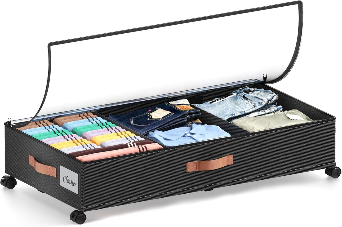 Under Bed Storage with Wheels, 1 Pack Under Bed Storage Container with Dividers & Clear Lids, Under the bed storage Organizer Bins,Underbed Storage with Wheels for Clothes,Toys,Shoes (Black, 1 Pack)