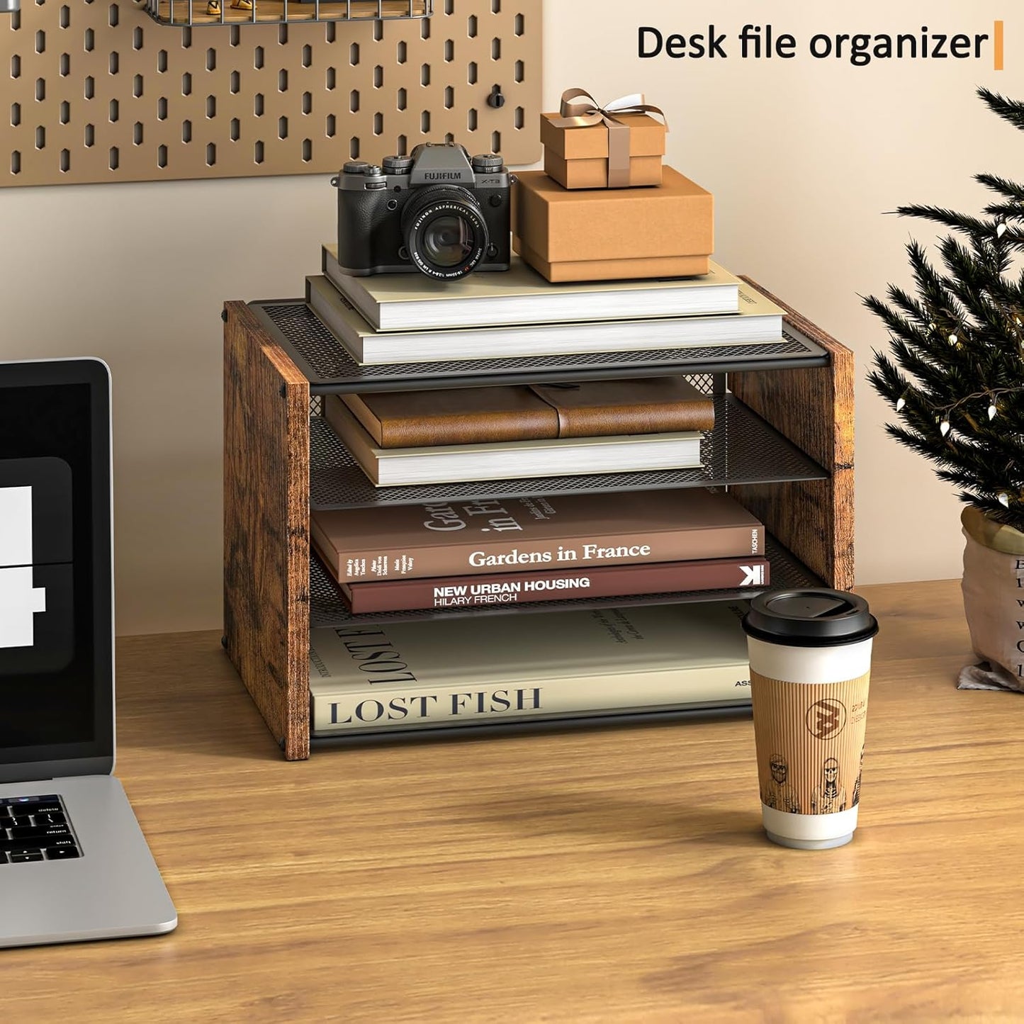 3-Tier Paper Letter Tray, Wooden Desk File Organizer, Stackable Metal Mesh Desk Organizer for Office Supplies. Small Paper Trays for Home Office School, Rustic Brown