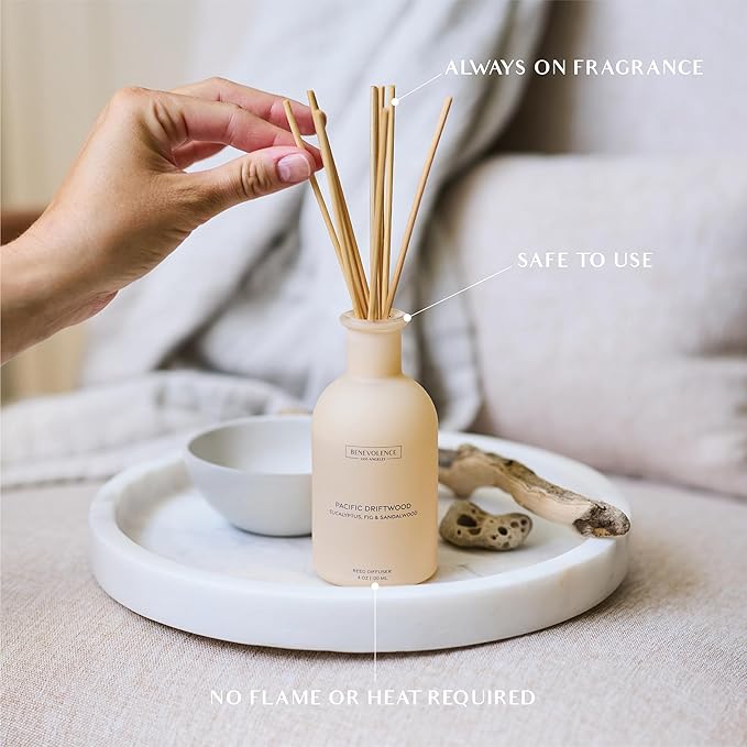 Benevolence LA Reed Diffuser for Home | Eucalyptus, Fig & Sandalwood | Elegant Home & Bathroom Decor | Fragrance Diffuser with Sticks for Bathroom - Malibu Sands Collection