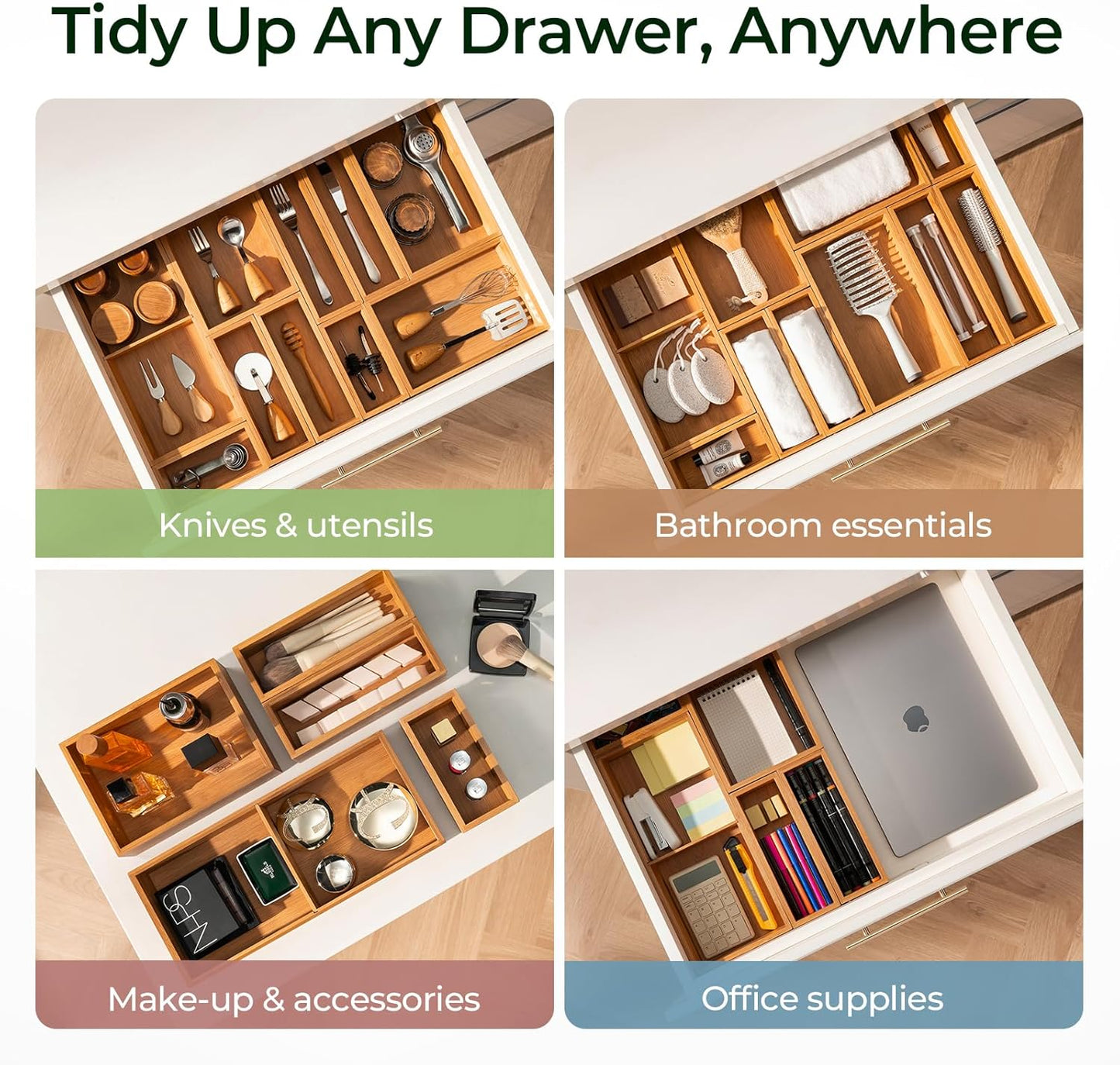 5-Piece Bamboo Drawer Organizer Set, 2.2" Deep Multi-Use Organizers for Utensils, Silverware, Cutlery, Desk, Bathroom, Junk Drawer & Makeup, Non-Slip Feet Included.