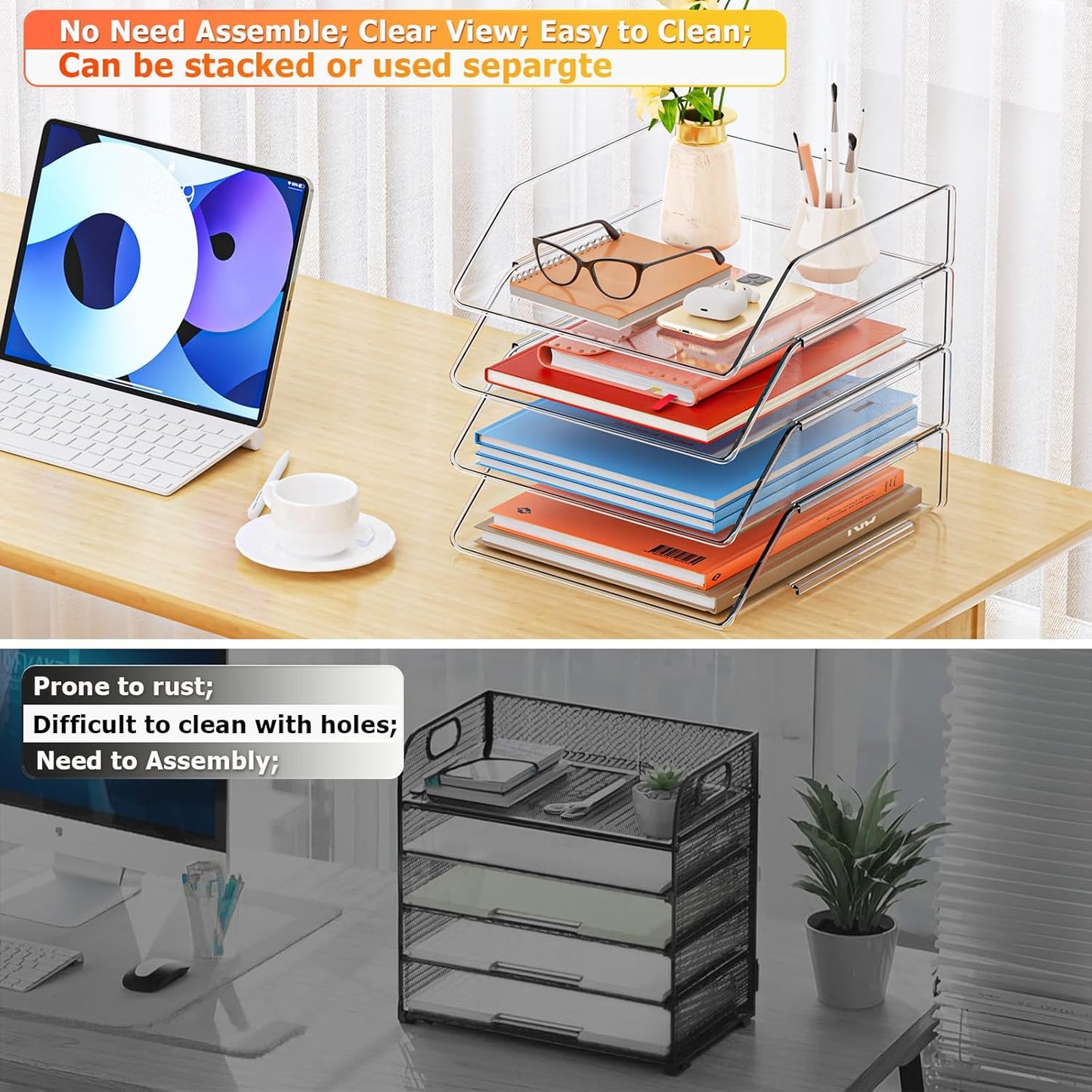 YKLSLH 4 Tier Paper Organizer Letter Tray - Acrylic Stackable Desk File Organizer, Clear Paper Sorter Office Organizer for Letter/A4, Office File Ipad Books Notes Etc