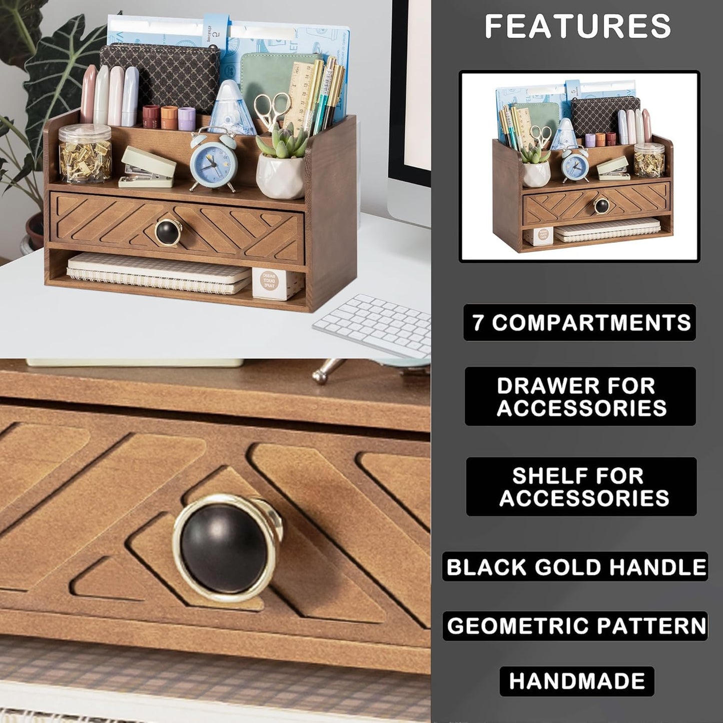 Brown Wood Desk Organizer and Accessories with Drawer, Bill Mail Organizer and File Mail Holder for Office Supplies, Desk Accessories & Workspace Organizers