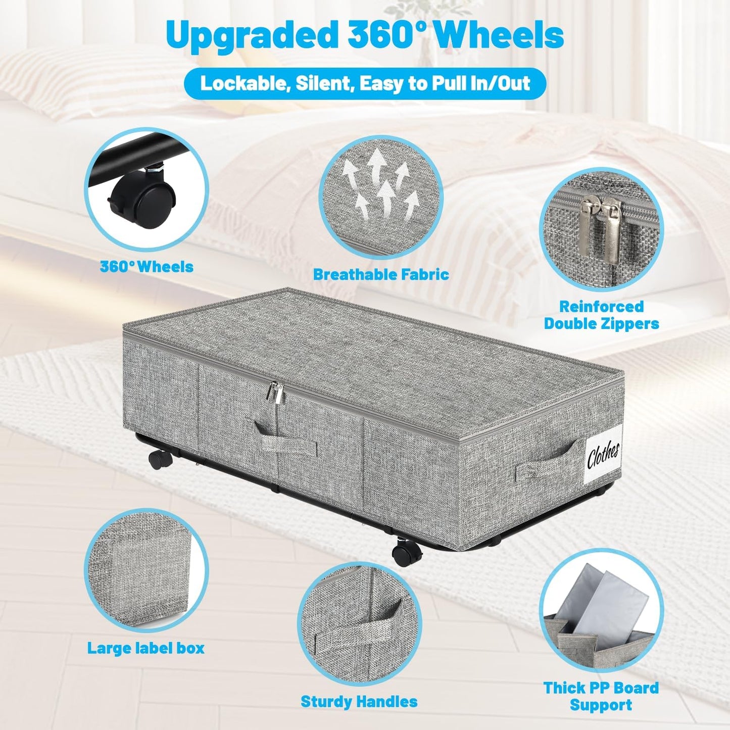 Large Sturdy Under Bed Storage with Wheels, 2 Pack 50L Rolling Underbed Storage Bins, Under Bed Containers Drawer with Metal Bottom Support, Bedroom Organizer with Lids for Clothes, Shoes, Blankets