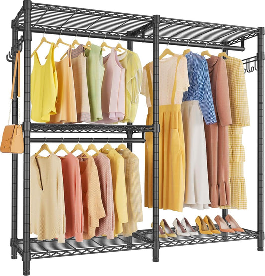 VIPEK V4 Heavy Duty Clothing Rack for Hanging Clothes 810lbs Load Capacity, Double Rod Garment Rack with Adjustable Shelves & Side Hooks, Metal Wardrobe Closet System Easy to Assemble, (Black)