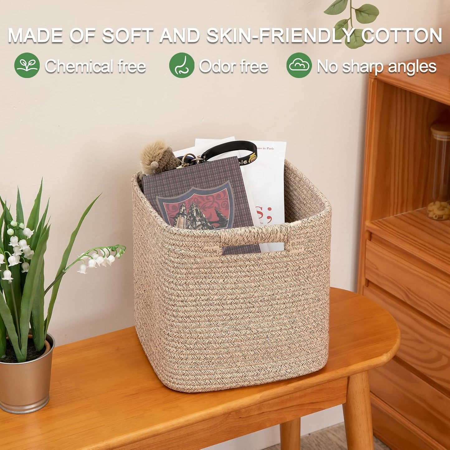 OIAHOMY Storage Cubes 11 Inch Storage Bins-3-Pack, Cotton Rope Woven Baskets for Organizing, Square Storage Baskets for Shelves Organizer, Classroom, Kids Toy Bins, Closet, Baby Nursery-Brown