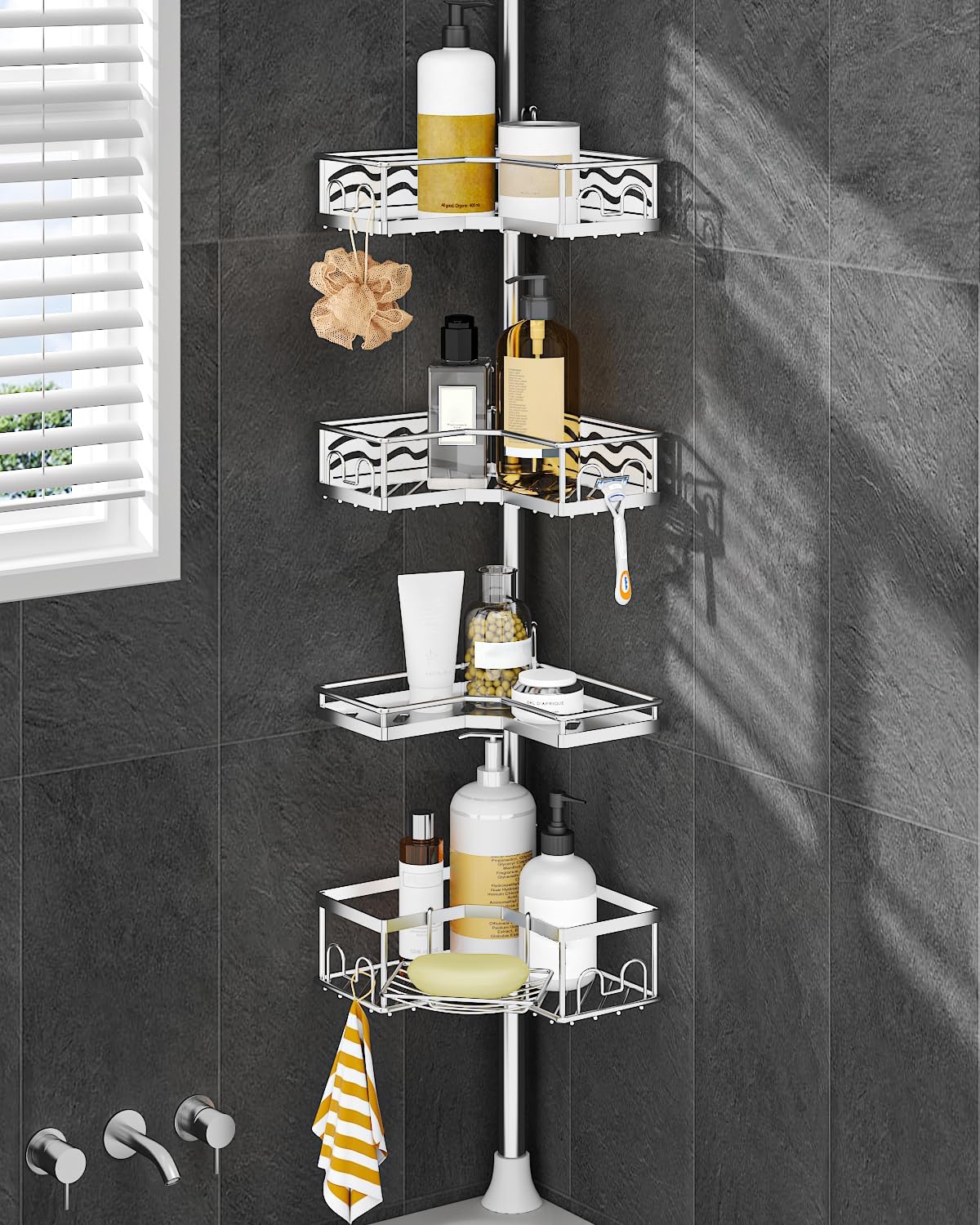 ALLZONE Corner Shower Caddy Tension Pole, Quick to Install, Easy to Adjust, Rust-Free Stainless Steel Shower Organizer Corner and Storage Shelves, Drill Free, Extends from 34 up to 116 Inch Tall