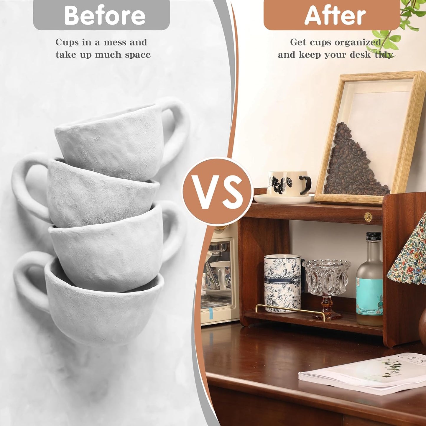 Coffee Mug Holder Wooden Cup Rack Mug Display Shelf Coffee Cup Holder for Countertop With 4 Mug Cups 2 Tier Wood Coffee Mugs Holder for Kitchen Coffee Cup Storage