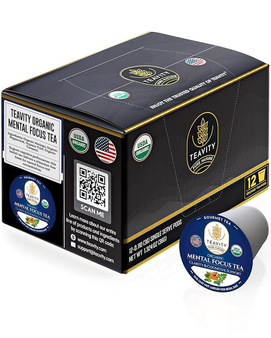 Organic Tea Pods with Moringa, Pepeppermint, Holy Basil & Turmeric - Naturally Decaf Tea - Mental Focus by Teavity (12 Tea Pods)