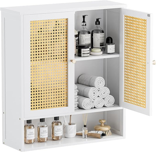 HITNET Bathroom Wall Cabinet, Rattan Medicine Cabinet, Bamboo Hanging Storage Organizer Over The Toilet with Adjustable Shelf for Living Room, Kitchen, Hallway(White)