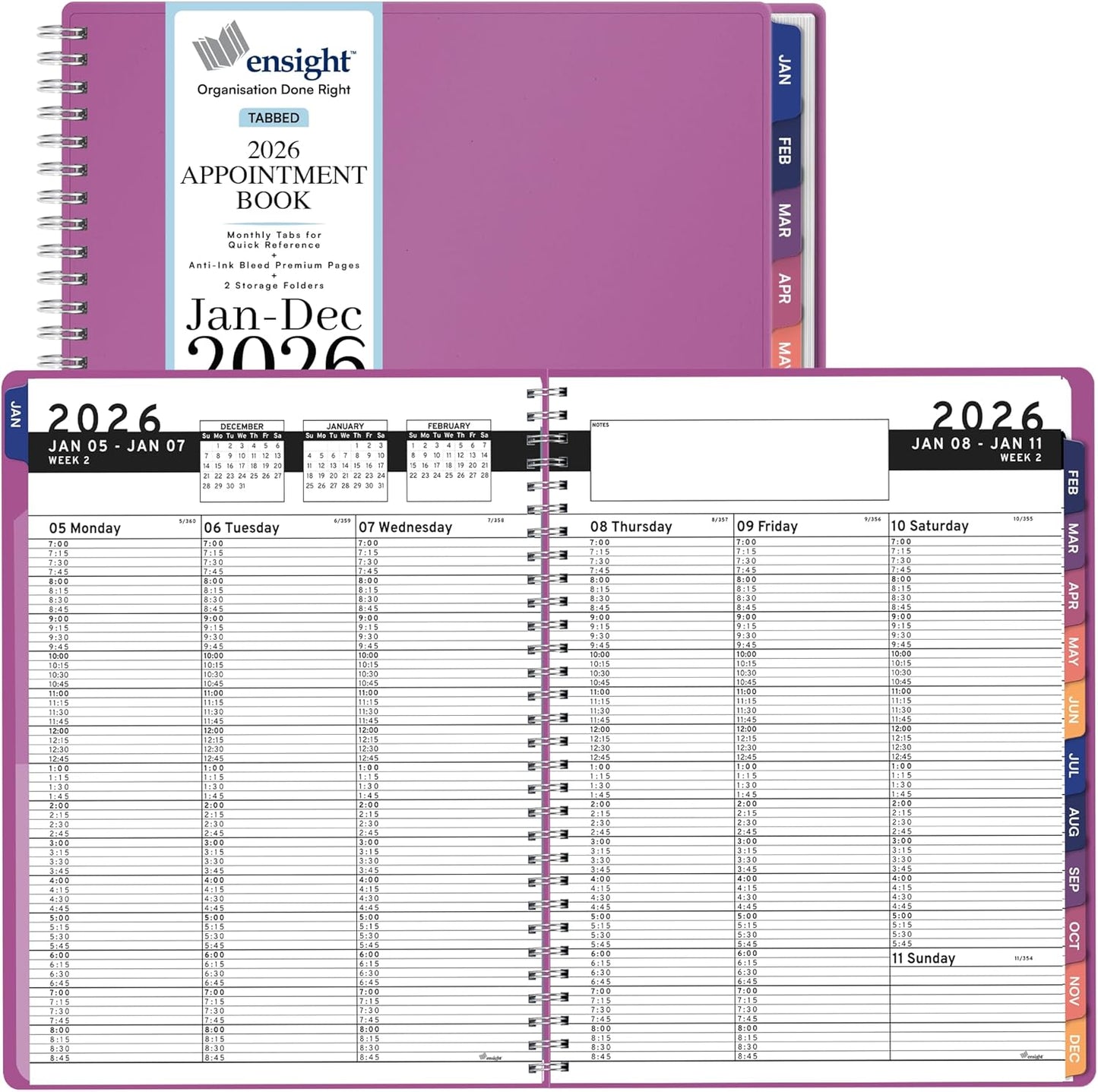 Ensight 2026 Appointment Book and Planner 8.5" x 11" Large Hourly Weekly Daily Schedule Book with Tabs, 15 Minute Time Slots, Magenta Calendar Organizer Jan 2026–Dec 2026 Appointment Planner - Magenta