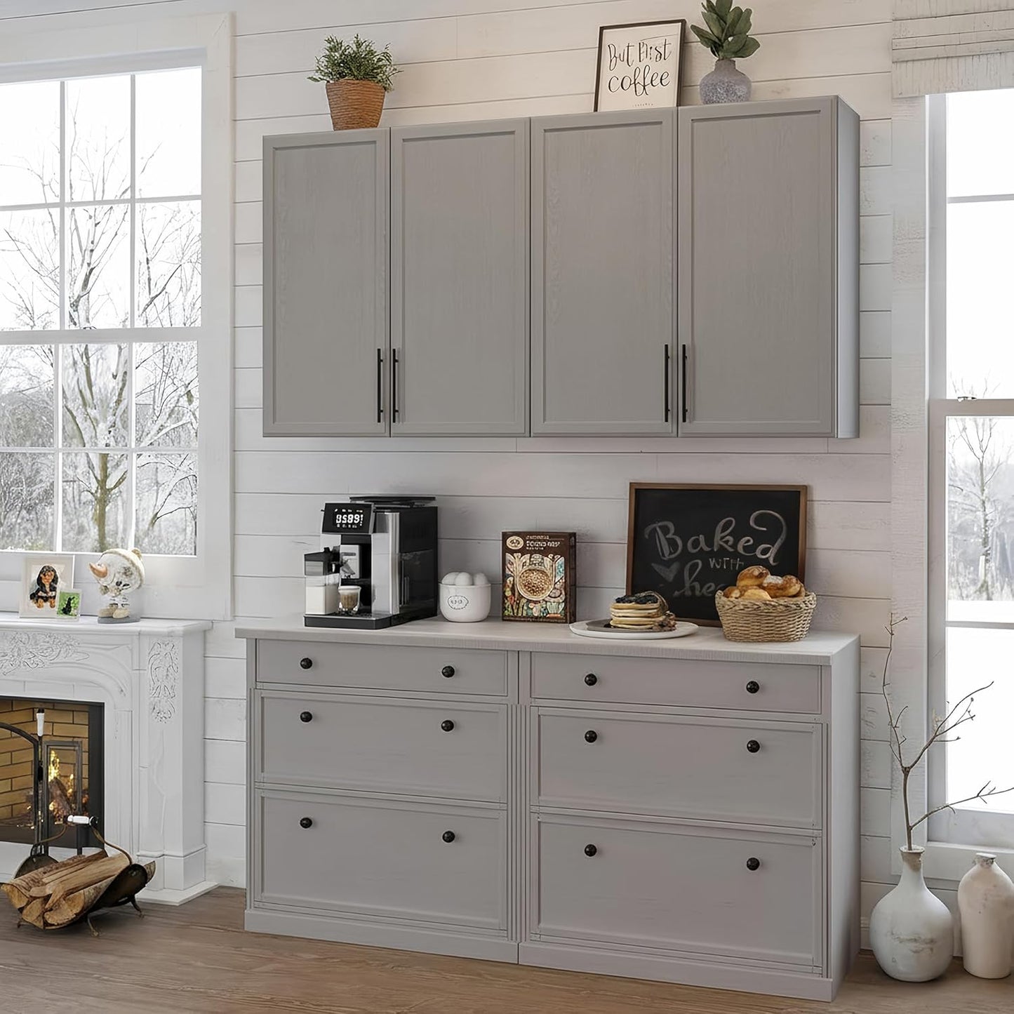 FIMELLO 59" Wall Cabinets for Laundry Room with Adjustable Shelf, Laundry Room Cabinets Wall Mounted, White Wall Cabinet with Shaker Doors, Kitchen Wall Cabinet, Hanging Cabinets for Bathroom -Gray