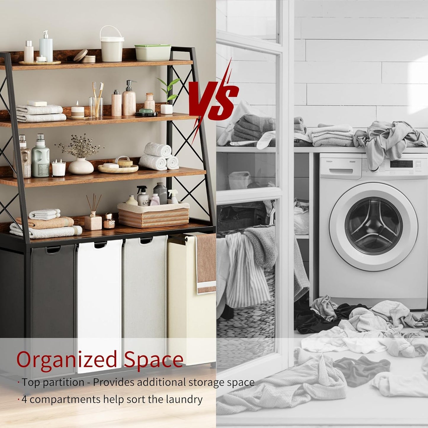 Laundry Basket, 4 Section Laundry Hamper with 4 Tiers Shelf, Pull-Out and Removable Laundry Bags, Large 4 x 15.87 Gallons, for Laundry Room Bathroom Rustic Brown PF12XLN