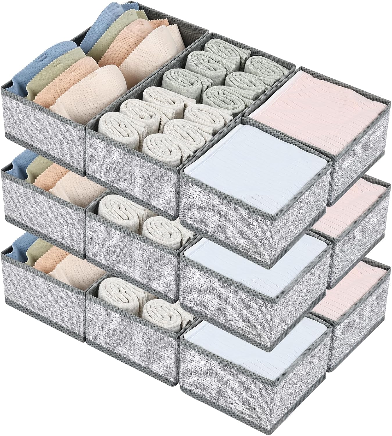 DIMJ Drawer Organizers for Clothing, Set of 12 Dresser Drawer Organizers, Fabric Closet Organizers and Storage, Drawer Dividers for Baby Clothes, Socks, Belt, Tie (Blended)