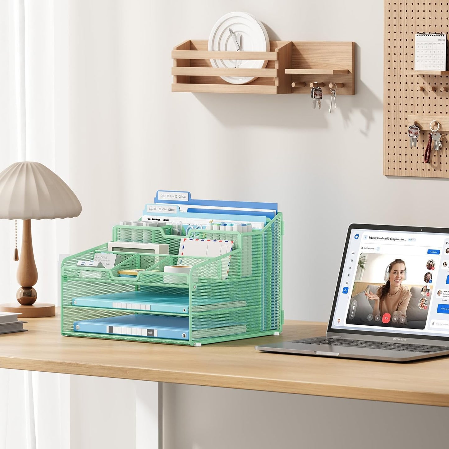 Lavatino Desk Paper File Organizer - Metal Mesh with 2 Letter Trays, 7 Flexible Dividers, 2 Vertical File Folder Holders for Office/Home/Classroom Supplies, Desk Organizers and Accessories, Green