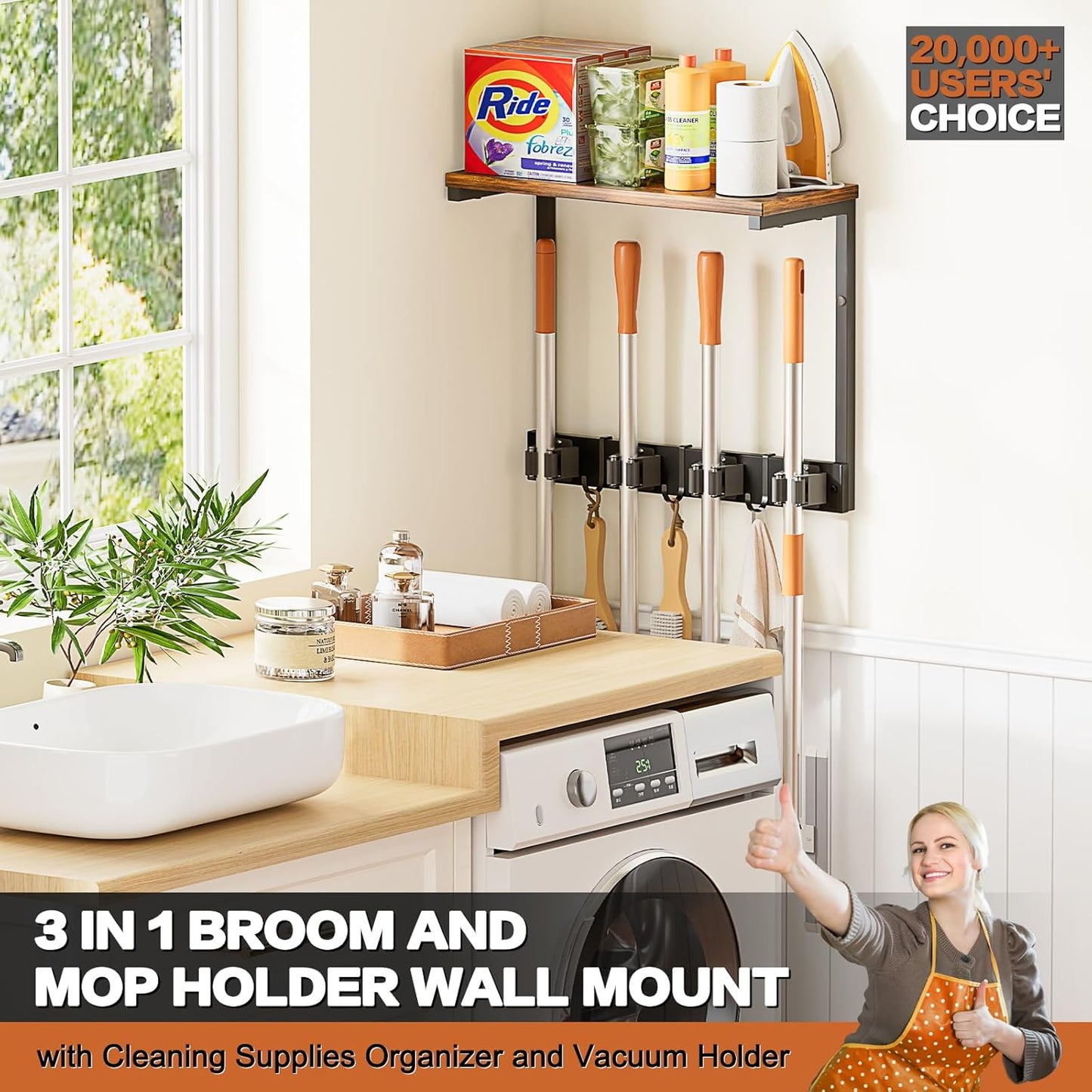 Broom Holder Wall Mount with Cleaning Supplies Organizer, Laundry Room Organization and Storage Shelves, Mop Hanger Broom Rack with Hooks, Home Improvement Kitchen Shelf Garage Organizer