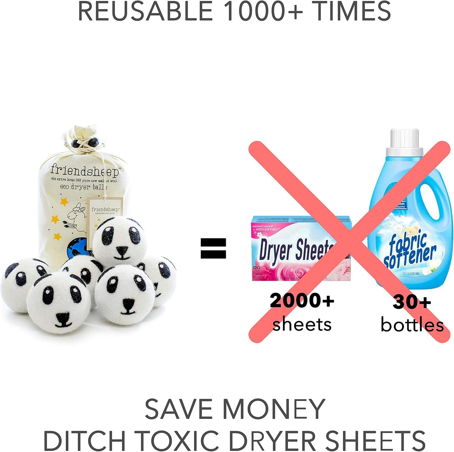 Friendsheep Wool Dryer Balls, Organic Reusable Fabric Softener Alternative for Laundry, Handmade, Fair Trade, Hypoallergenic, Eco-Friendly, Plastic-Free (6 Pack XL – Panda)
