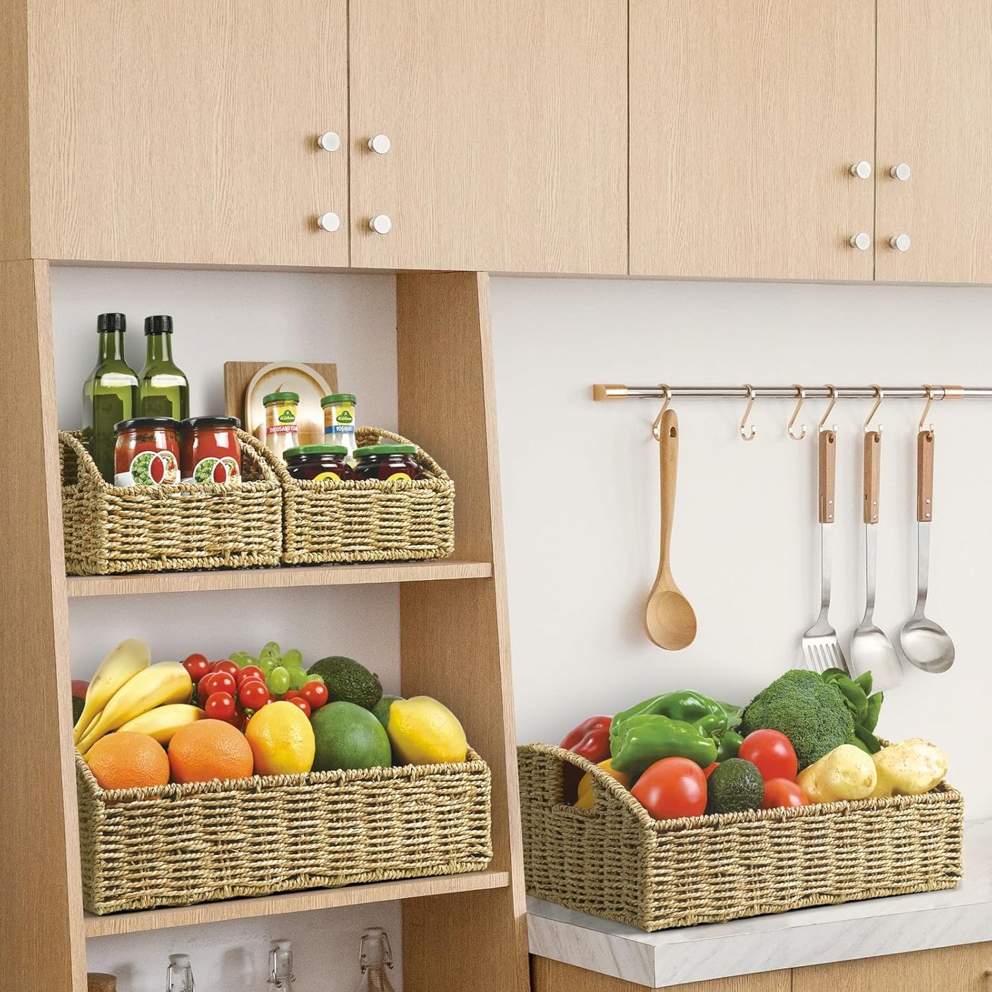 Ollieroo Natural Seagrass Storage Baskets, Handwoven Wicker Storage Bins with Built-in Handles, Storage Container Baskets for Shelves, Bedroom, Bathroom, Laundry Room or Kitchen(Green)