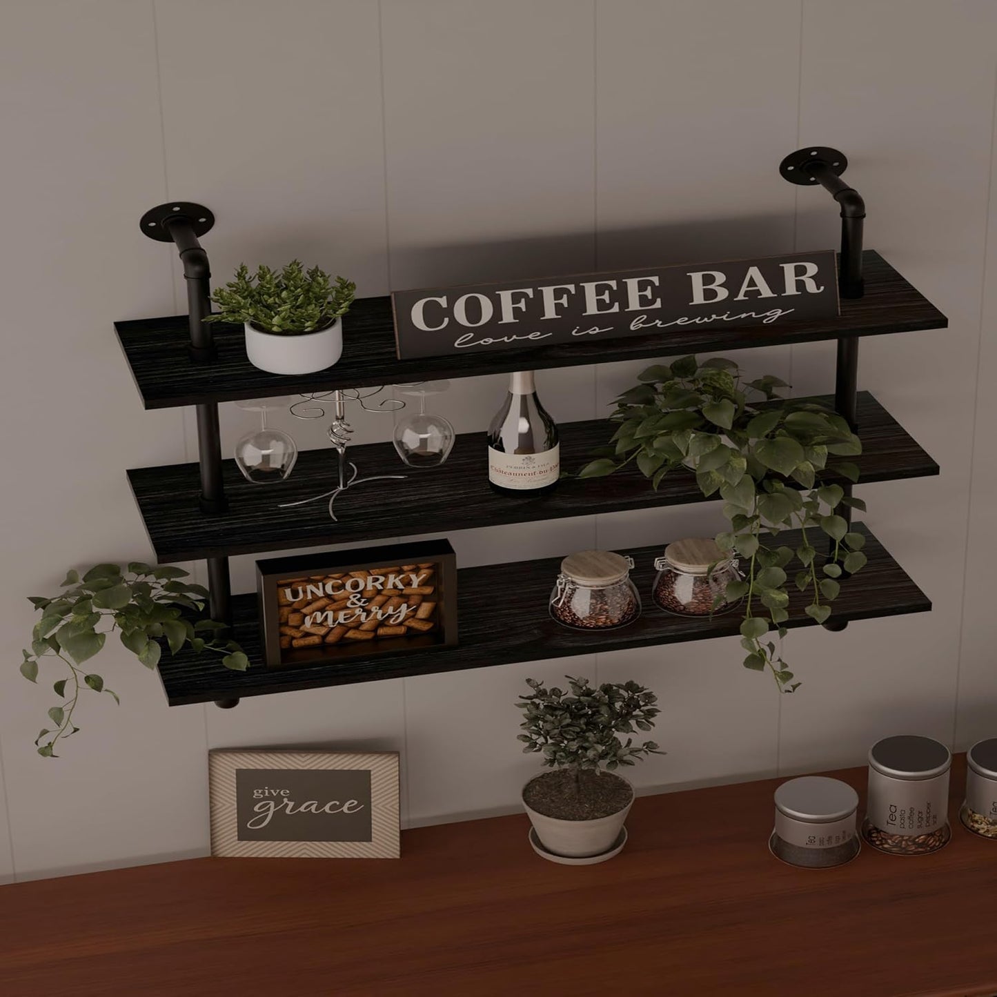 Industrial Pipe Shelf Shelving Bookcase, Wall Mounted Rustic Bookshelf, Floating Bookshelves for Wall,Retro Wood Metal Pipe Industrial Shelves for Living Room