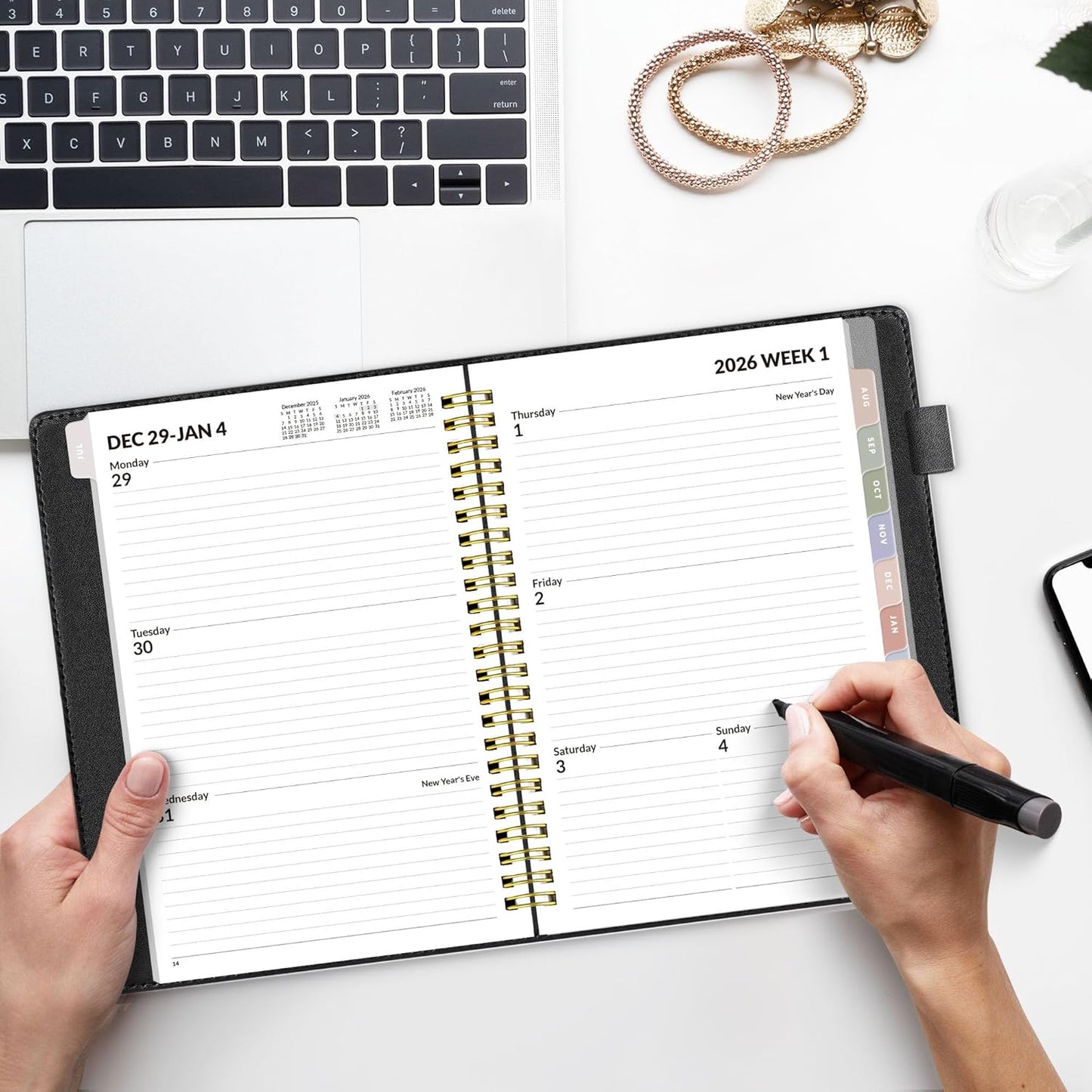 SUNEE 2026 Weekly & Monthly Planner 6.4"x8.5"- 12 Month (January 2026 - December 2026), Vegan Leather Cover, Pocket, Bookmark, Notes, Monthly Tab, Black