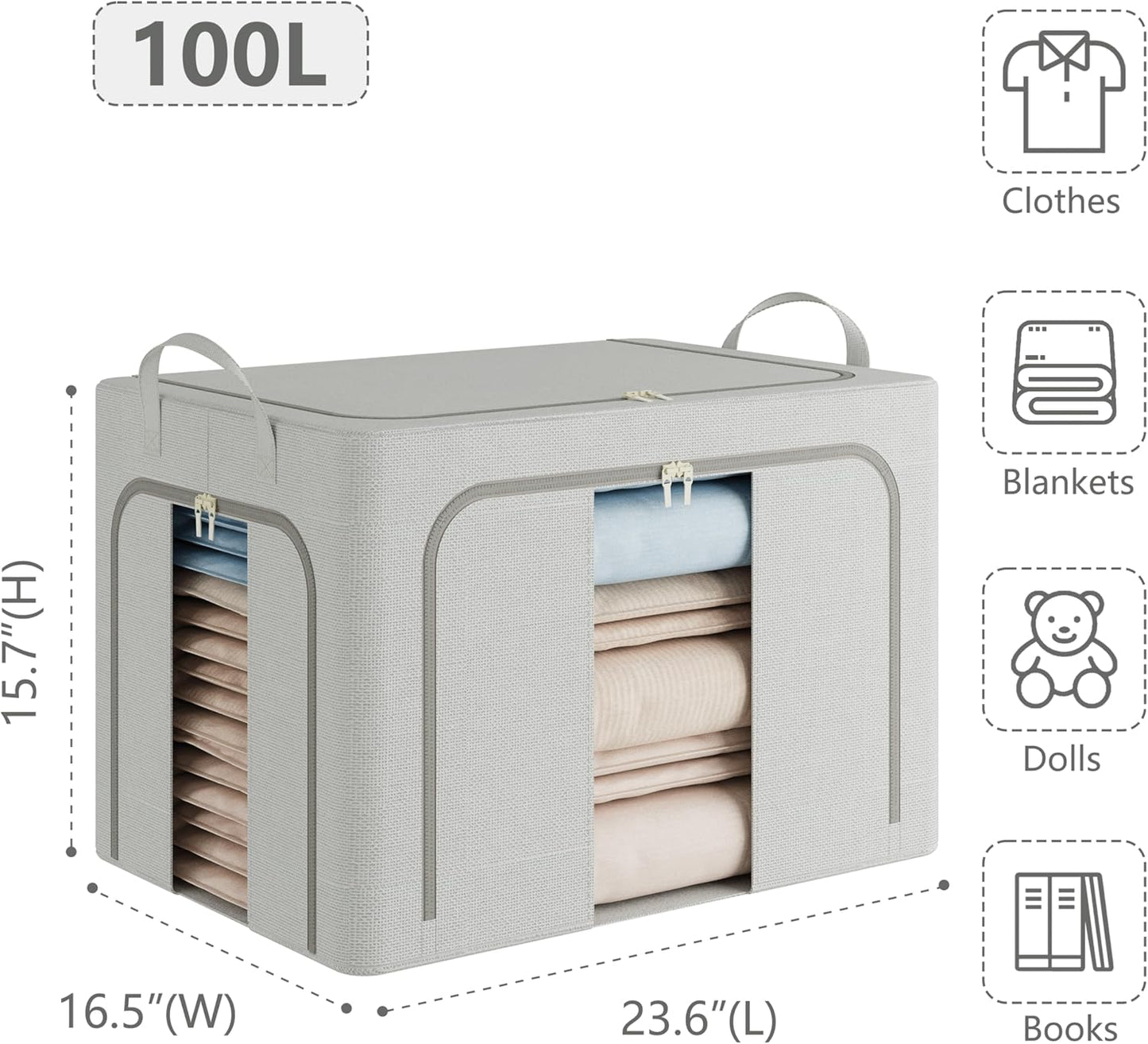 Pinkpum 3 Pack Clothes Storage Bins with Metal Frame, Closet Organizers and Storage Boxes, Stackable & Foldable Clothes Organizer Bags with Large Clear Window & Long Carry Handles, Grey 100L