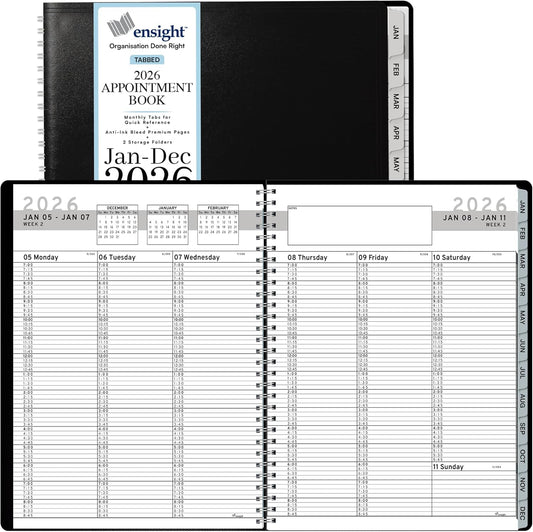 Ensight 2026 Appointment Book and Planner 8.5" x 11" Large Hourly Weekly Daily Schedule Book with Tabs, 15 Minute Time Slots, Black Calendar Organizer Jan 2026–Dec 2026 Appointment Planner - Black