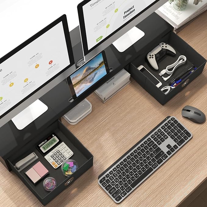 WESTREE Dual Monitor Stand Riser with Two Drawers, Extra Large Storage Monitor Stand for 2 Monitors, Desktop Oraganizer Stand for Computer,Laptop,Screen,Printer,TV