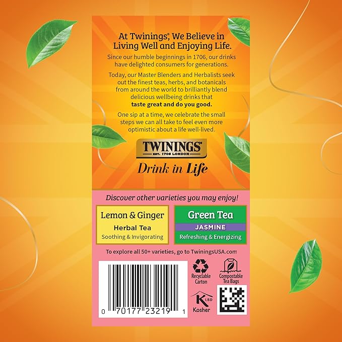 Twinings Raspberry & Lemon Herbal Tea Individually Wrapped Bags, 20 Count (Pack of 1), Unsweetened, Refreshing & Fruity, Naturally Caffeine-Free, Enjoy Hot or Iced, 20 Teabags