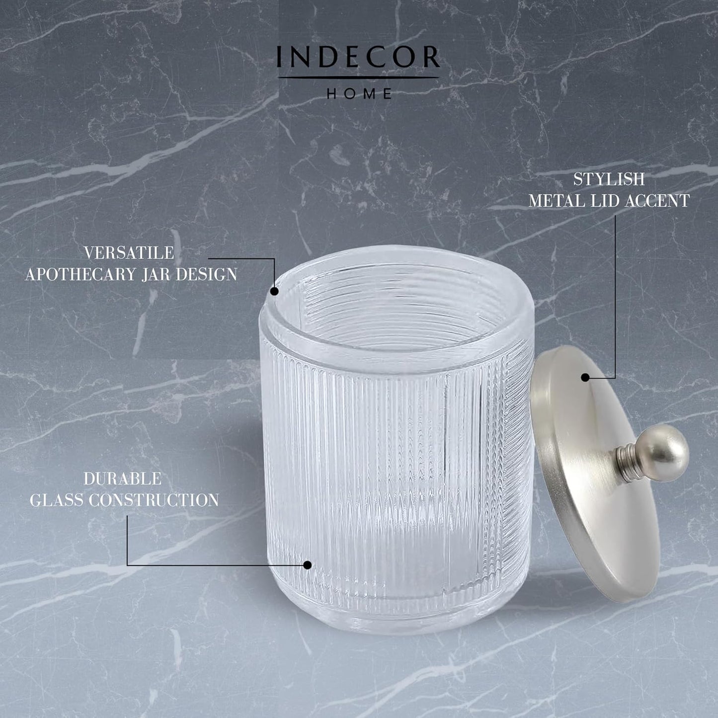 Clear Transparent Apothecary Ribbed Geometric Etched Glass Jar W/Satin Nickel Metal Lid for Bathroom Organization, Cotton Balls, Q Tips, and Small Accessories, Bathroom Storage