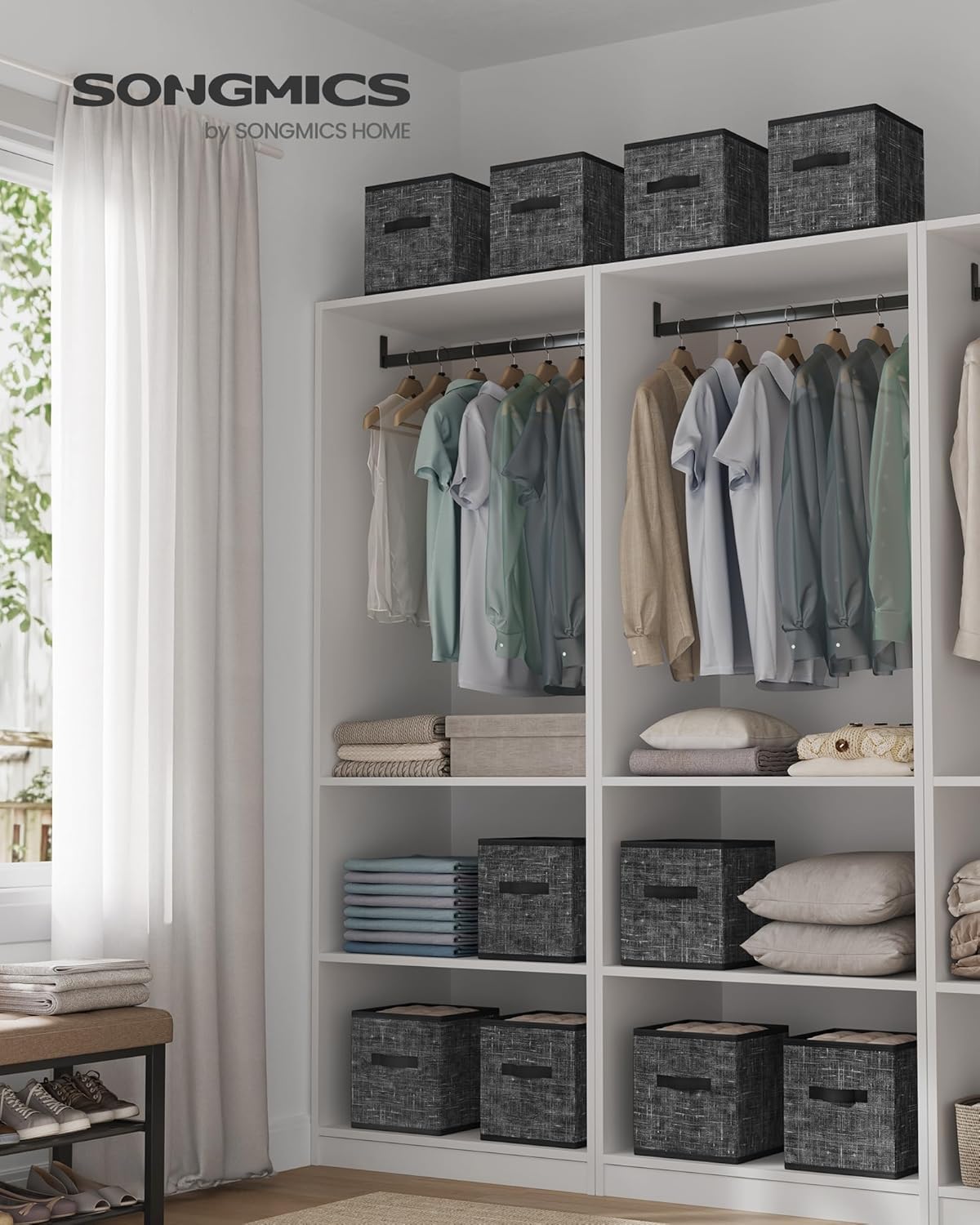 SONGMICS Storage Cubes, 10.2 x 10.2 x 11 Inches Non-Woven Fabric Bins with Double Handles, Set of 10, Closet Organizers for Shelves, Foldable, for Clothes, Ink Black UROB126B01