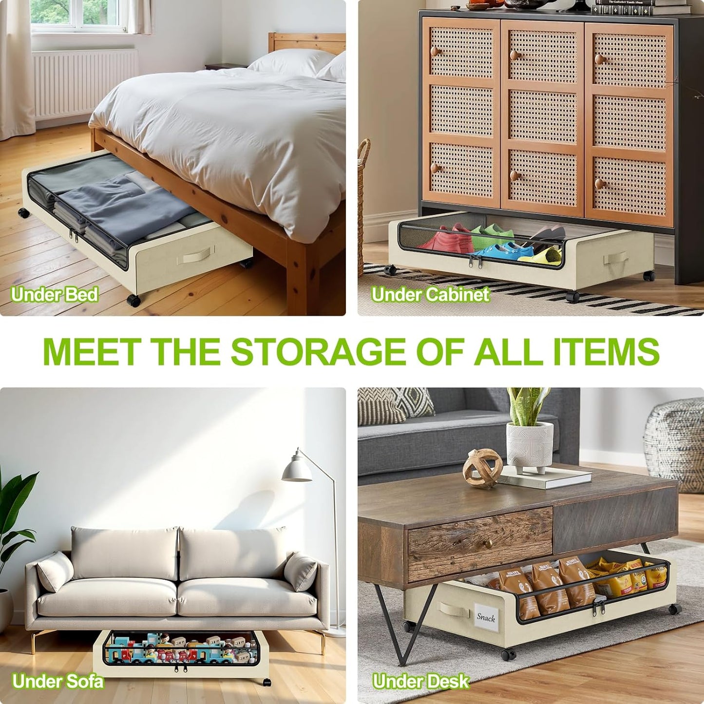 Under Bed Storage with Wheels, 2-Pack Underbed Storage Containers with Clear Lids, Under Bed Shoe Storage Organizer, Rolling Under Bed Storage for Clothes Shoes Blankets (Beige)