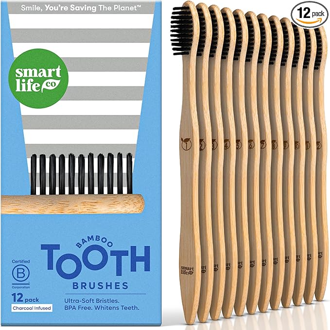 SmartLifeco Charcoal Bamboo Toothbrushes - Extra Soft Natural Bristles for Adults & Kids Teeth | Zero Waste Bulk Wooden Tooth Brush Travel Kit | BPA Free, Eco-Friendly, Vegan - (12 Pack)