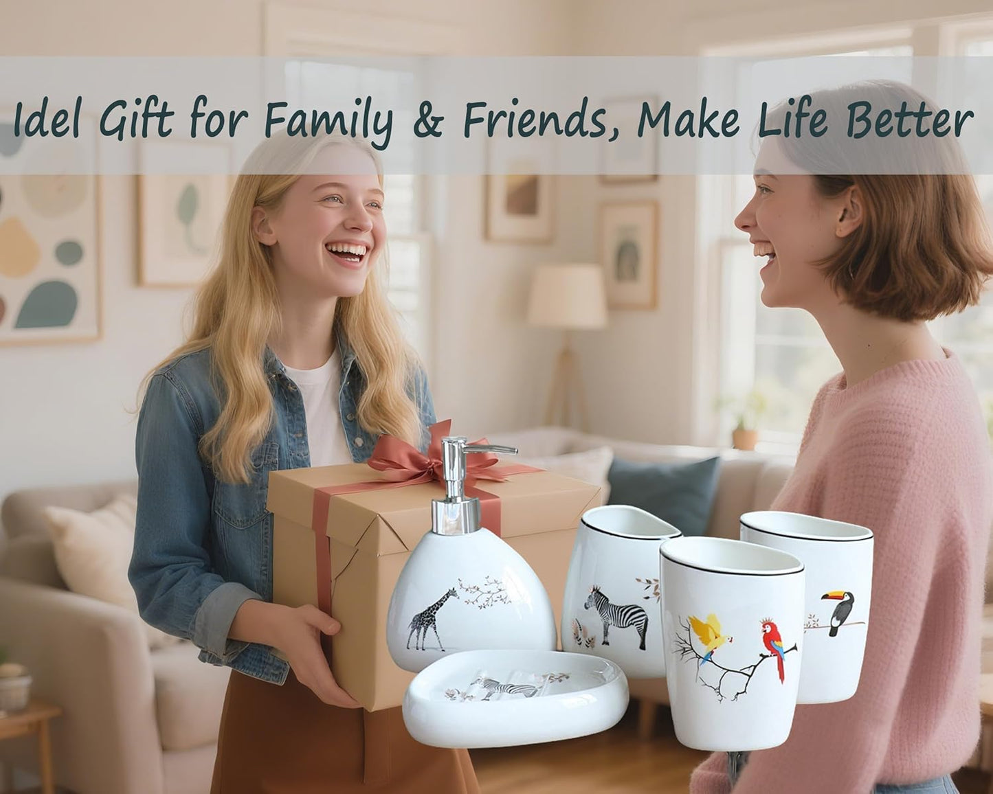 5 Piece Ceramic Bathroom Accessory Set with Animal Pattern, Includes Soap Dispenser, Toothbrush Holder, Soap Dish & 2 Mouthwash Cups, Modern Elegant Countertop Decor for Bathroom Vanity