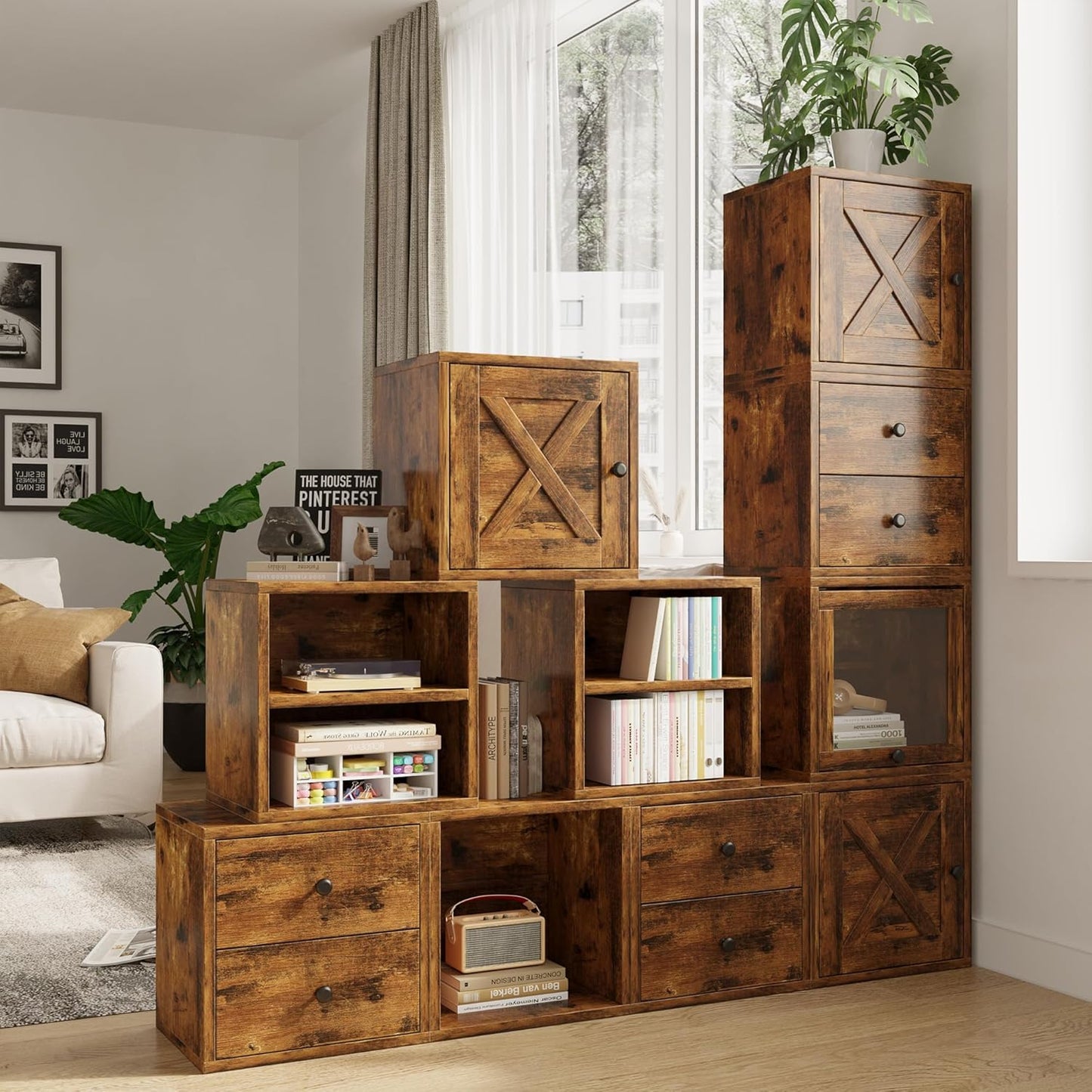 FUSUNBAO Magic DIY Cube Storage Organizer Stackable Cubes for Home Books Clothes Toy-Modular Cubby Storage System-Office Cubical-Bookcase Closet (Antique Brown, Drawer Cube)